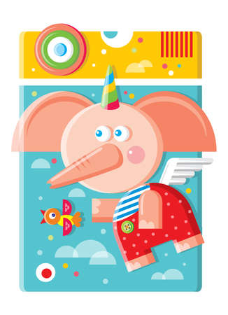 Pink elephant unicorn with wings flies with a bird across the skyのイラスト素材