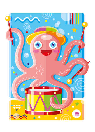 Cheerful pink octopus musician in a hat on the seabed plays with drum sticks music on a drumのイラスト素材