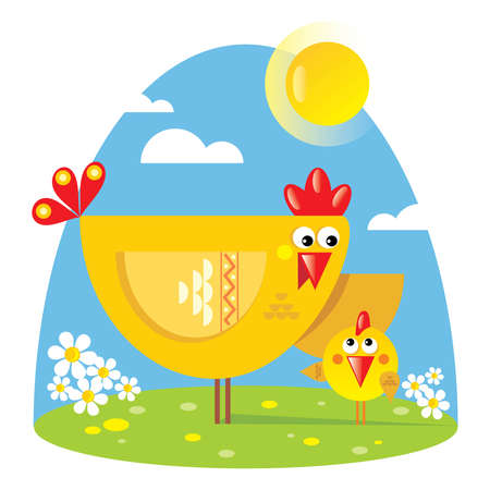 Mother hen with chicken on a sunny meadow among flowers under a blue skyのイラスト素材