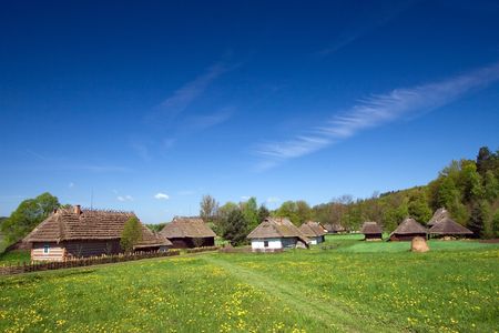Very old Polish village with many wooden houses の写真素材
