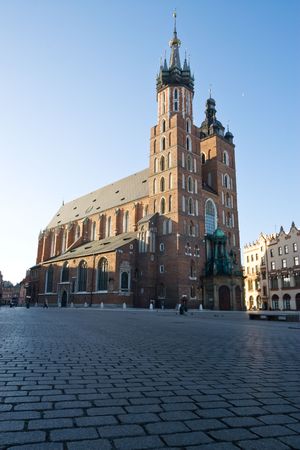 Sunrise view of Mariacki Church in Cracow, Polandの写真素材