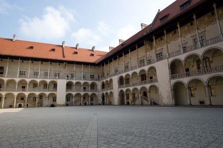 Wide angle view of Arcaded Courtyard in Wawel Castle, Krakowの写真素材