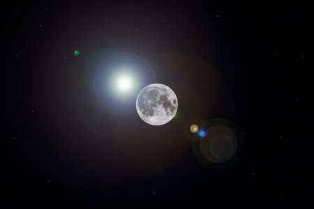Nice full moon surrounded by lots of stars and behind it a large halo of light from a large star