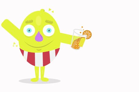 Cartoon of a lemon in a swimsuit; holding a glass with a soft drink; summer; concepts; illustrationの写真素材