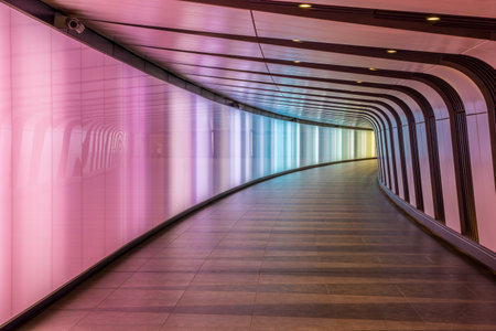 London, UK - May 20, 2016 - King's Cross futuristic looking tunnel, the 90 meters long curved...