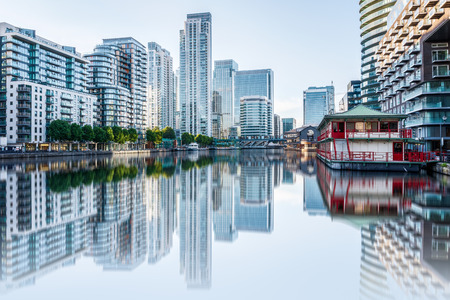 Canary Wharf, financial hub in London at sunsetの写真素材