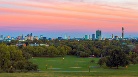 London cityscape seen from Primrose Hill at sunsetの写真素材