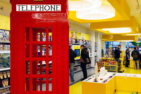 London, UK - November 22, 2016 - Red telephone box built from LEGO bricks, displayed in the worlds...