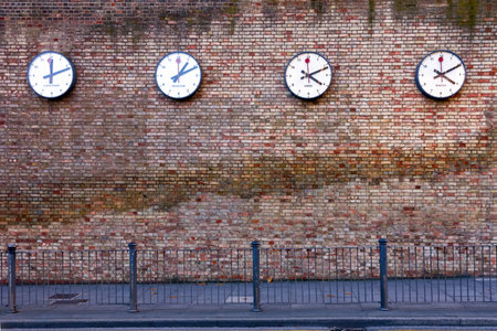 A series of clocks registering the times in major cities on Westferry Road, London