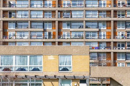 Facade of council housing flats in Brownfield, East Londonの写真素材