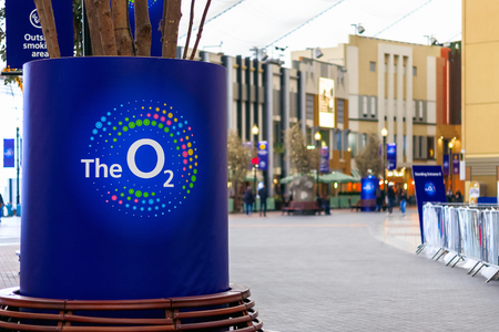 London, UK - May 15, 2017 - Interior of The O2 Arena with its logo in the foreground and shops in the backgroundのeditorial素材