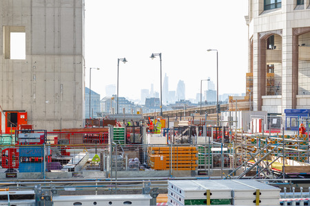 London, UK - May 24, 2017 - Building site of Park Place, a new office development in Canary Wharf, with London cityscape in the backgroundのeditorial素材
