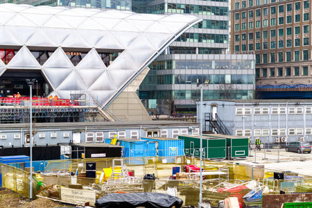 London, UK - May 24, 2017 - Construction site at Crossrail Place in Canary Wharf with the station in...