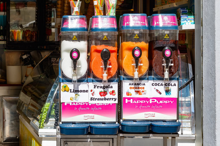 Florence, Italy - June 29, 2017 - Frozen fruit slush granita drinks on display for sale in hot weatherのeditorial素材