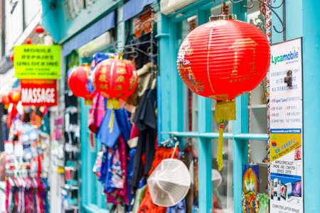 London, UK - July 22, 2019 - A souvenir shop decorated with red lanterns in Chinatownのeditorial素材