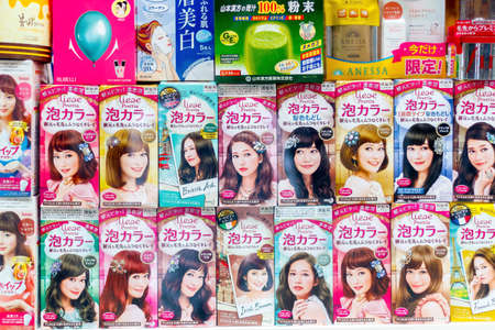 London, UK - July 22, 2017 - Japanese foamy bubble hair dye products on display in London Chinatownのeditorial素材