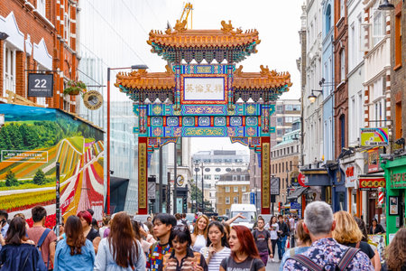 London, UK - July 22, 2019 - London Chinatown features Chinese restaurants, bakeries and souvenir shops in Soho areaのeditorial素材