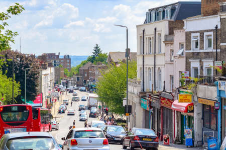 London, UK - August 2, 2019 - Anerley Hill road next to Crystal Palace railway station, a downhill street view in south east Londonのeditorial素材