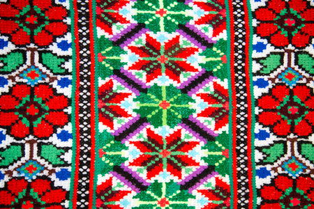 Slavic traditional national ornament on fabrics and towels, cross-stitch. Interior, background, structure.の写真素材