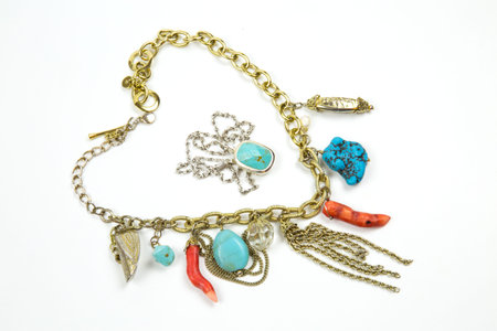Necklace made of bright colored coral turquoise stones with metal chain Keychain with turquoise....