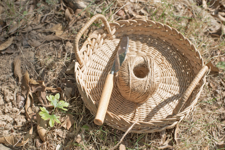 knife and rope in the basketの写真素材