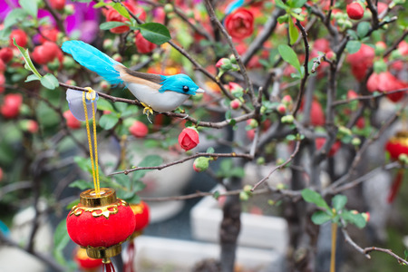 artificial bird on the potted plantの写真素材