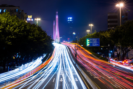 long exposure of Guangzhou night traffic sceneのeditorial素材