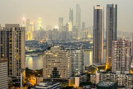 Guangzhou, China-Jan. 7, 2015: Guangzhou CBD view. Twilight view of Central Business District of Guangzhou on the Pearl River bank.のeditorial素材