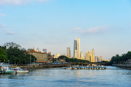 Guangzhou,China-Jan.17,2016: Day view of buildings by the Pearl River. The modern buildings on both sides of the Pearl River make it a beautiful landscape of the city.のeditorial素材