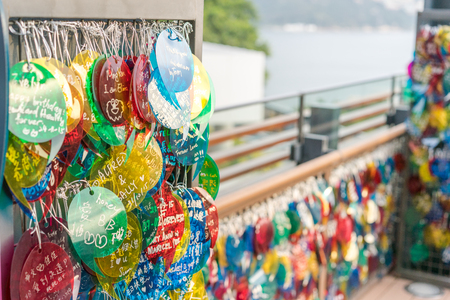 Stanley, Hong Kong-Jan.9,2016:The lovers' Terrace. Lovers come here to leave message and their names on the colorful heart shape card in the Lovers' Terrace.のeditorial素材