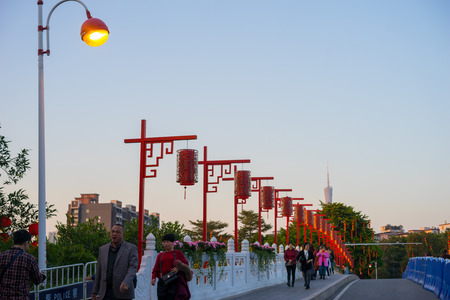Guangzhou, China-February. 8, 2016: Chinese New Year decorations in the park. People sight see the Haizhu Lake Park while Chinese New Year.のeditorial素材