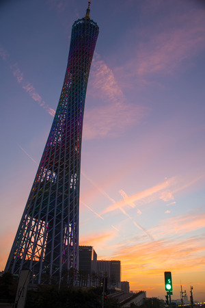 Guangzhou, China-Feb. 28, 2016: Canton Tower with sunset glow background.のeditorial素材