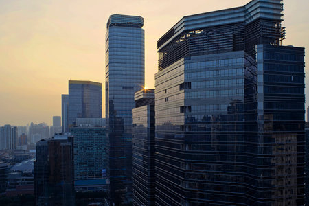 office buildings at sunset