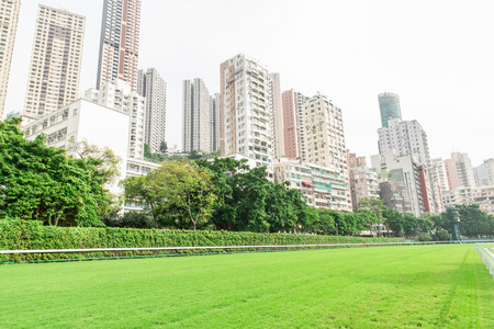 racecourse with city building view in Hong Kongの写真素材