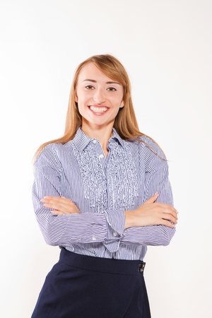 happy smiling woman in business isolated on white in striped blouseの写真素材