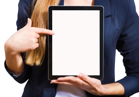 Young woman showing a tablet PC, a close-up on a white background.の写真素材