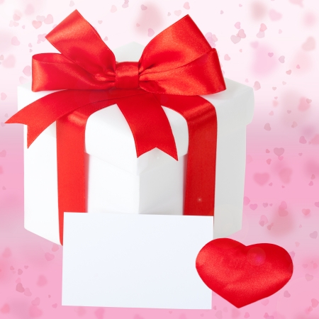 White gift card and box, bow, ribbonの写真素材