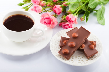 Flowers, coffee and sweets の写真素材