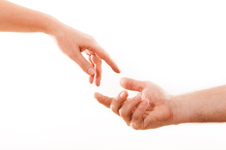 Holding hands couple on white background の写真素材