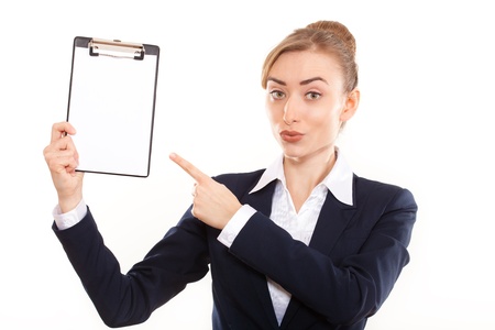 Business woman shows on your adの写真素材