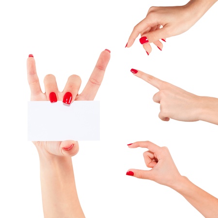 Women hand to hold business card ,credit card,blank paper or other isolated on white background.の写真素材
