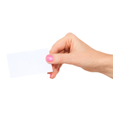 Women hand to hold business card ,credit card,blank paper or other isolated on white backgroundの写真素材
