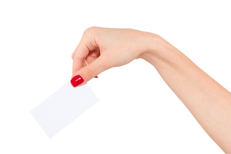 Women hand to hold business card ,credit card,blank paper or other isolated on white backgroundの写真素材