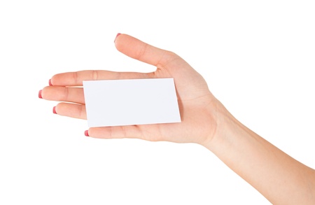 Women hand to hold business card ,credit card,blank paper or other isolated on white backgroundの写真素材