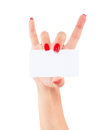 Women hand to hold business card ,credit card,blank paper or other isolated on white backgroundの写真素材