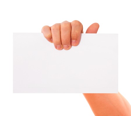 Hand holding white empty paperの写真素材