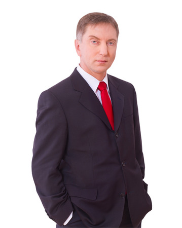 Happy businessman standing isolated on whiteの写真素材