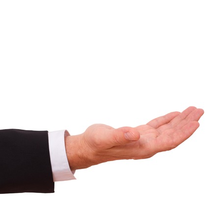 Business man with empty hand shows the direction, presses the surface, isolatedの写真素材