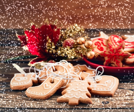 Christmas cookies with festive decoration.  Christmas card. Free space for your textの写真素材