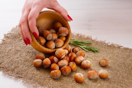 Hazelnuts, filbert on old wooden background closeupの写真素材
